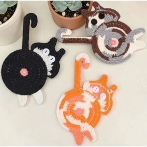 Non-Slip Handmade Knitted Cat Drink Coasters 3Pcs Hot Drinks Cup Desk Home Decor